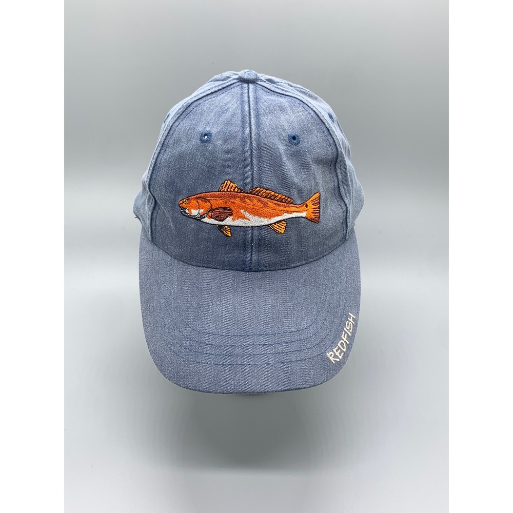 Flying Fisherman Redfish Embroidered Hat Blue Cotton Adjustable Strapback Cap